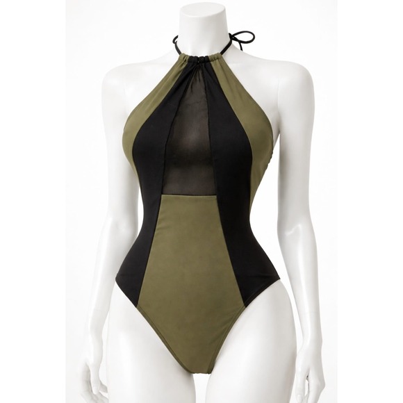 Cupshe Olive Green Black Mesh Colorblock Halter One Piece Swimsuit Cutout Back L - Picture 2 of 5